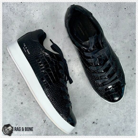 RAG AND BONE RB1 LOW PLATFORM SNEAKERS BLACK CROCODILE EMBOSSED LEATHER SIZE 7.5 - Picture 3 of 16